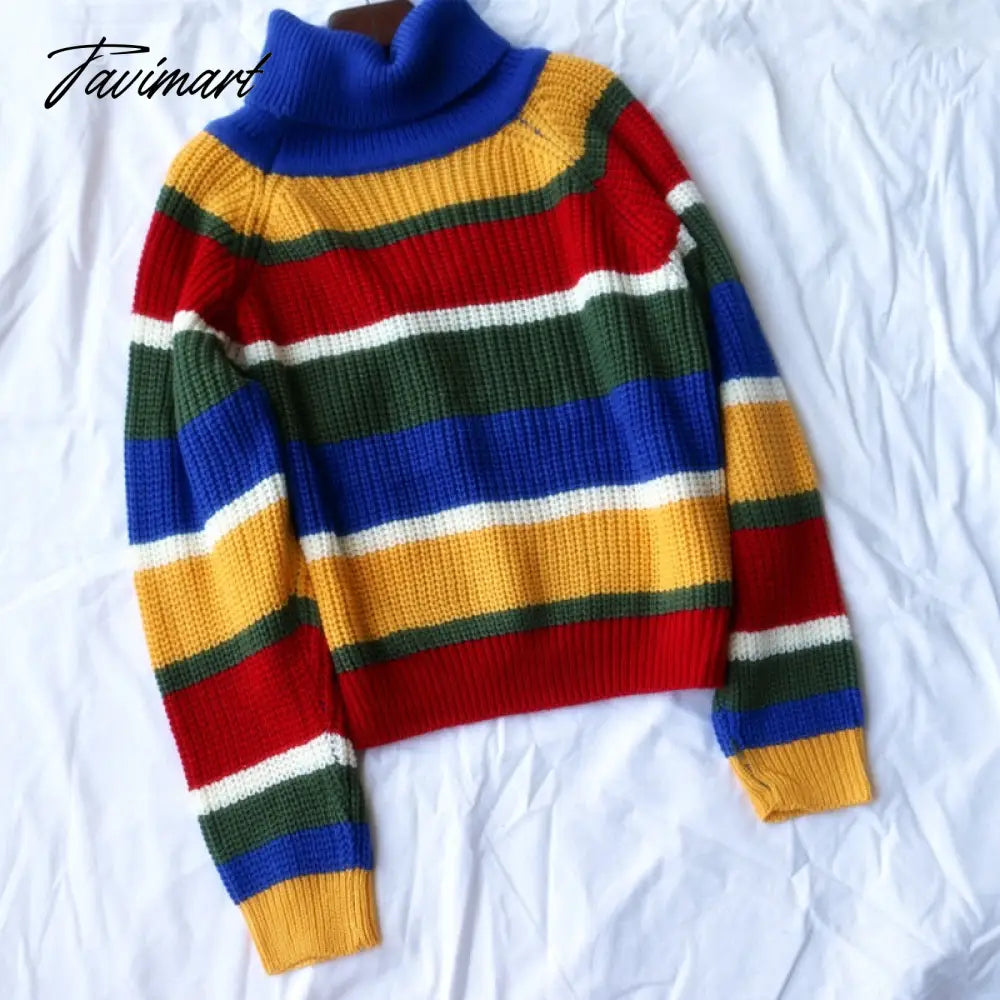 Harjuku Contrast Stripes Roll Turtle Neck Knitted Jumper Turtleneck Sweater with Embroidery WEIRDO Oversized Top For Women /
