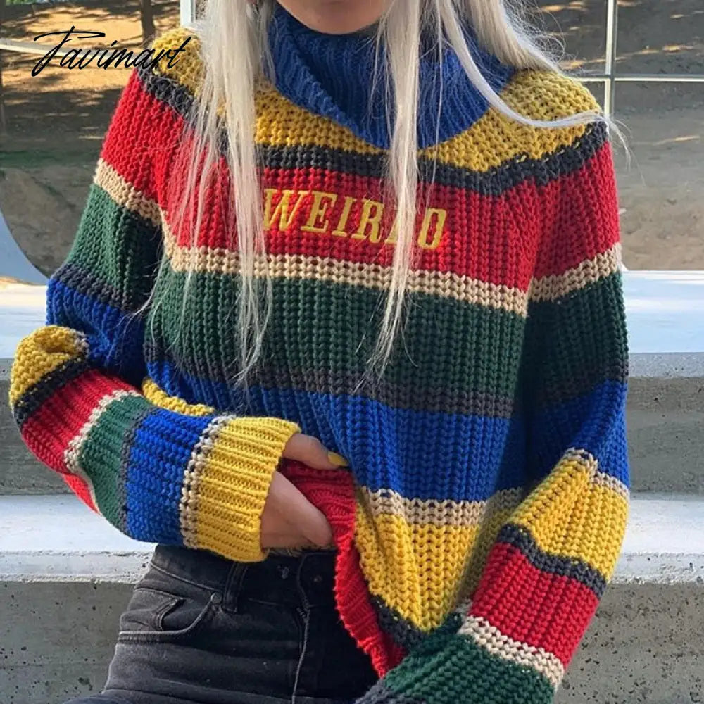 Harjuku Contrast Stripes Roll Turtle Neck Knitted Jumper Turtleneck Sweater with Embroidery WEIRDO Oversized Top For Women /