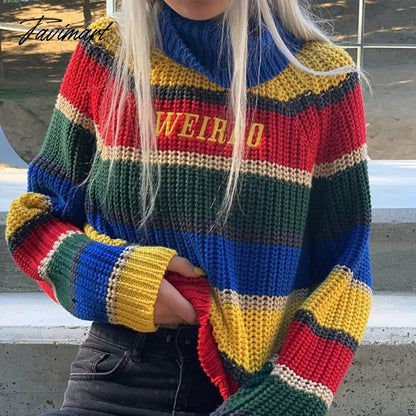 Harjuku Contrast Stripes Roll Turtle Neck Knitted Jumper Turtleneck Sweater with Embroidery WEIRDO Oversized Top For Women /