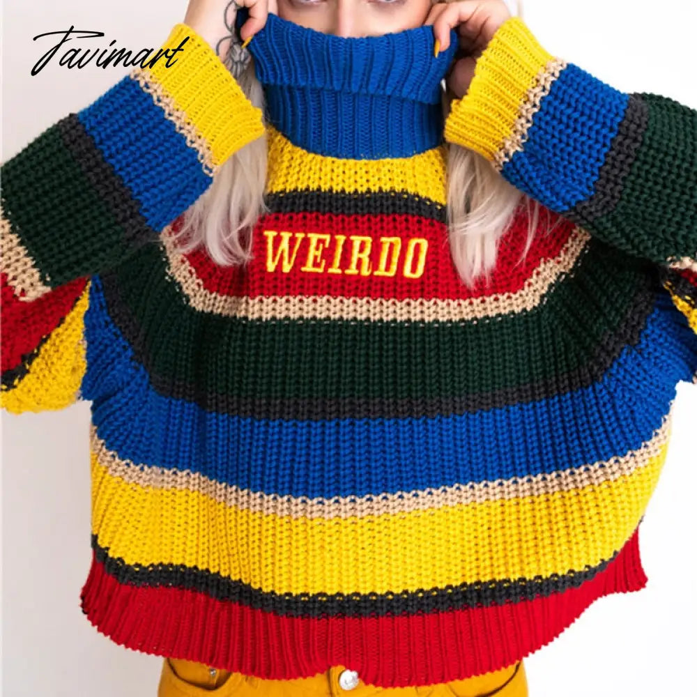 Harjuku Contrast Stripes Roll Turtle Neck Knitted Jumper Turtleneck Sweater with Embroidery WEIRDO Oversized Top For Women /
