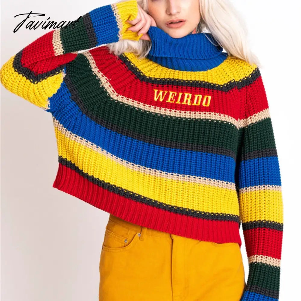 Harjuku Contrast Stripes Roll Turtle Neck Knitted Jumper Turtleneck Sweater with Embroidery WEIRDO Oversized Top For Women /