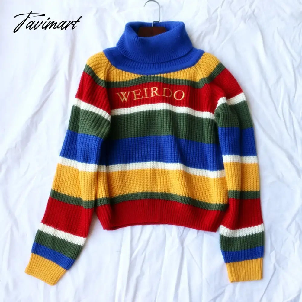 Harjuku Contrast Stripes Roll Turtle Neck Knitted Jumper Turtleneck Sweater with Embroidery WEIRDO Oversized Top For Women /