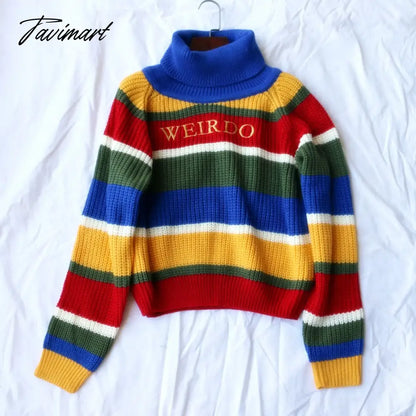 Harjuku Contrast Stripes Roll Turtle Neck Knitted Jumper Turtleneck Sweater with Embroidery WEIRDO Oversized Top For Women /