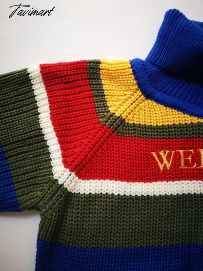 Harjuku Contrast Stripes Roll Turtle Neck Knitted Jumper Turtleneck Sweater with Embroidery WEIRDO Oversized Top For Women /