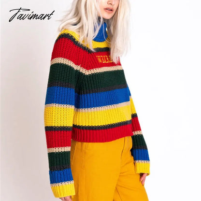Harjuku Contrast Stripes Roll Turtle Neck Knitted Jumper Turtleneck Sweater with Embroidery WEIRDO Oversized Top For Women /