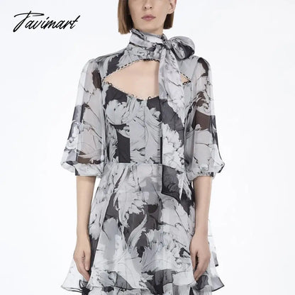 High Quality Printed Runway Dress Women Summer Vintage Elegant Bow Ruffles Pleated Long Party Dress Female