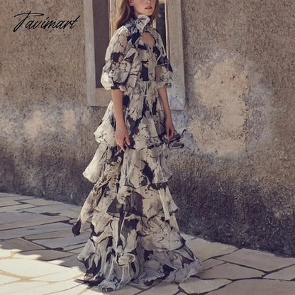 High Quality Printed Runway Dress Women Summer Vintage Elegant Bow Ruffles Pleated Long Party Dress Female