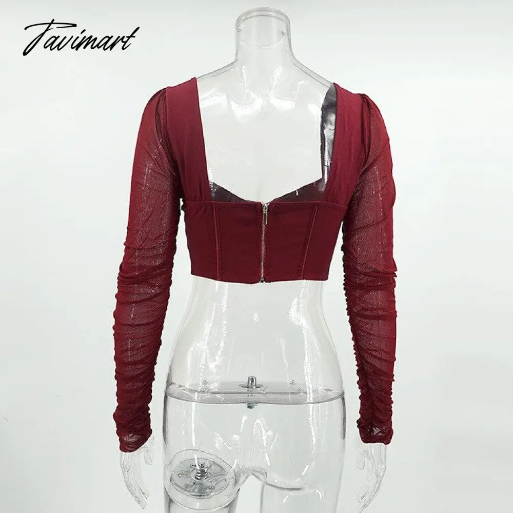 High Quality Summer Crop Top Women New Arrivals Mesh Bodycon Top Long Sleeve Blouse Casual Wine Pads Boning Top for Party