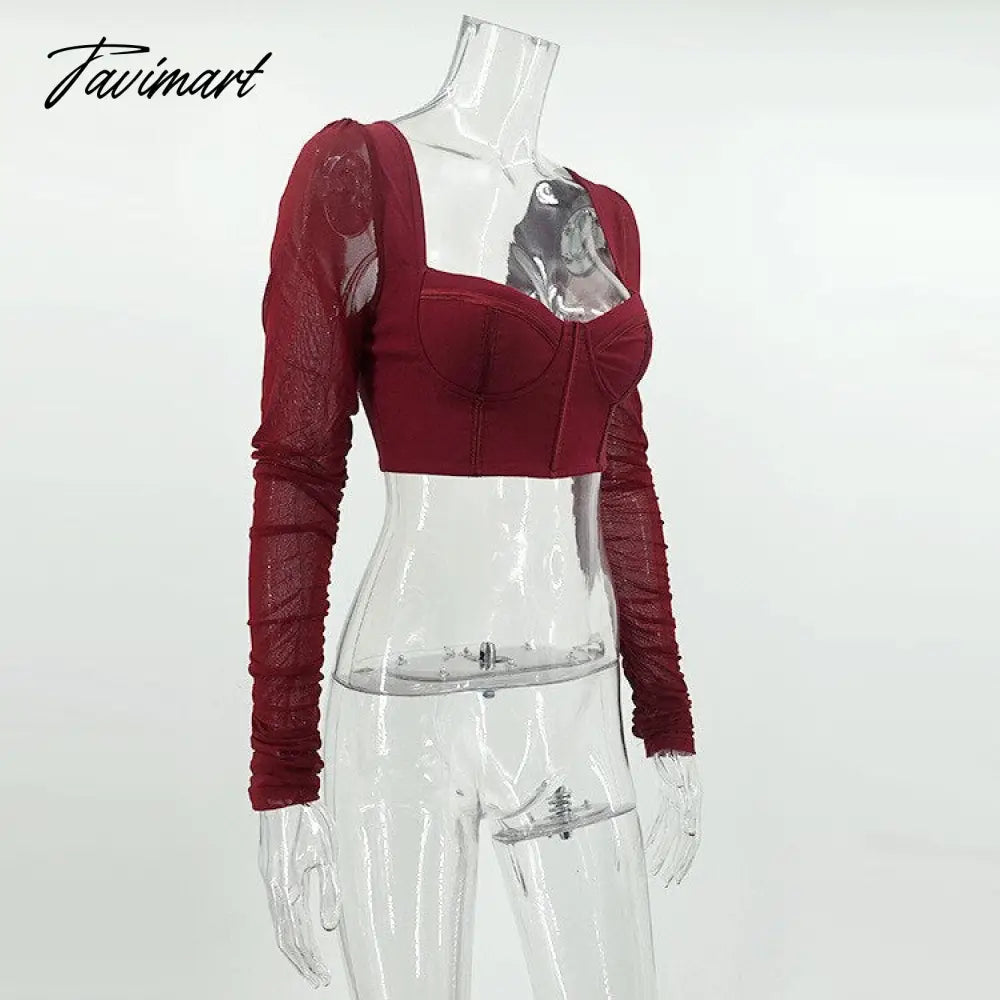 High Quality Summer Crop Top Women New Arrivals Mesh Bodycon Top Long Sleeve Blouse Casual Wine Pads Boning Top for Party