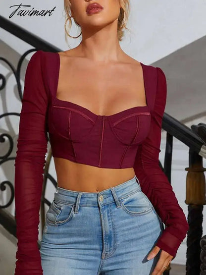 High Quality Summer Crop Top Women New Arrivals Mesh Bodycon Top Long Sleeve Blouse Casual Wine Pads Boning Top for Party