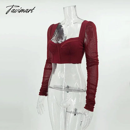 High Quality Summer Crop Top Women New Arrivals Mesh Bodycon Top Long Sleeve Blouse Casual Wine Pads Boning Top for Party