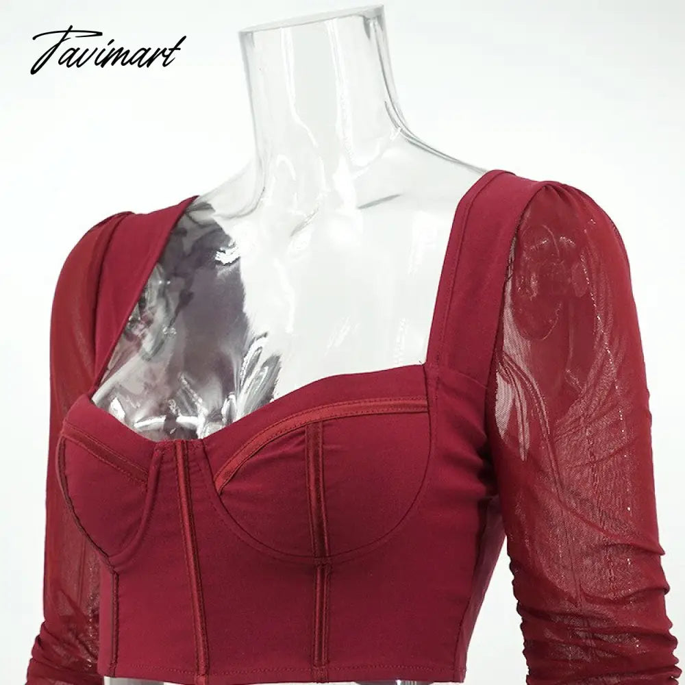 High Quality Summer Crop Top Women New Arrivals Mesh Bodycon Top Long Sleeve Blouse Casual Wine Pads Boning Top for Party