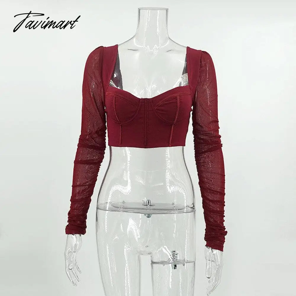 High Quality Summer Crop Top Women New Arrivals Mesh Bodycon Top Long Sleeve Blouse Casual Wine Pads Boning Top for Party