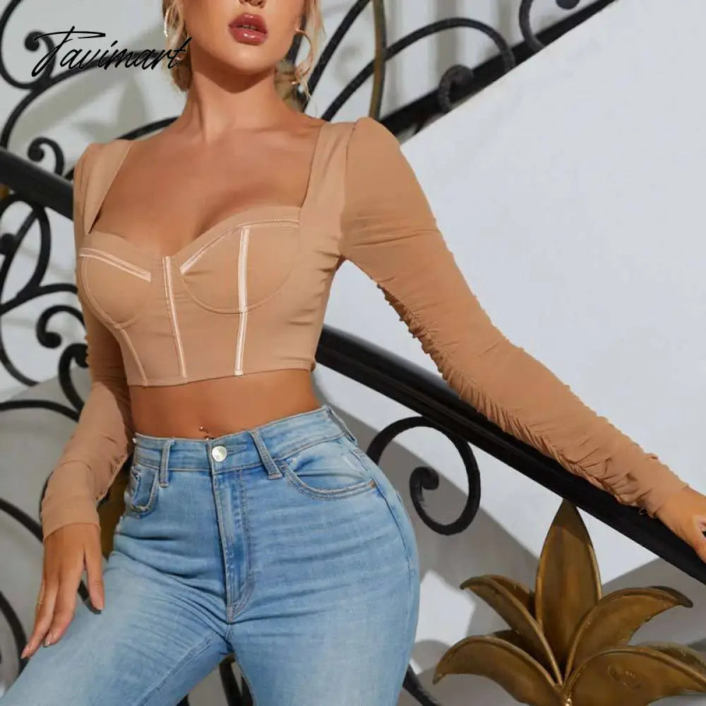 High Quality Summer Crop Top Women New Arrivals Mesh Bodycon Top Long Sleeve Blouse Casual Wine Pads Boning Top for Party