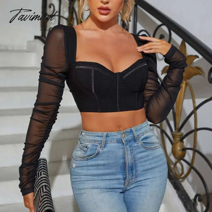 High Quality Summer Crop Top Women New Arrivals Mesh Bodycon Top Long Sleeve Blouse Casual Wine Pads Boning Top for Party