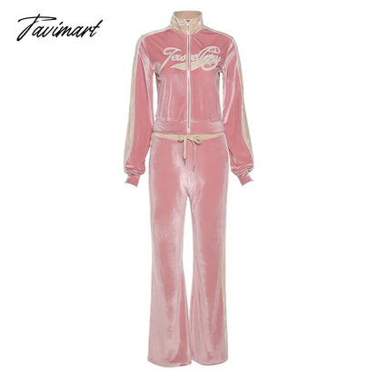High Quality Winter Velvet Crop Jacket and Tracksuit Joggers Two Piece Set Green Jogging Suits for Women