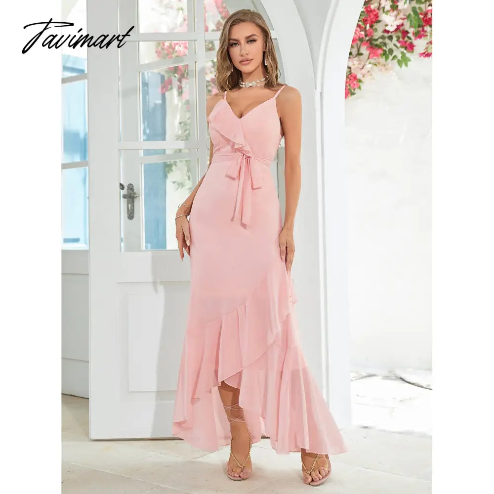 High Quality Women Maxi Dress Summer Fashion Casual Solid V Neck Sling Nipped Waist Lace Up Ruffle Loose Elegant Sexy Dresses