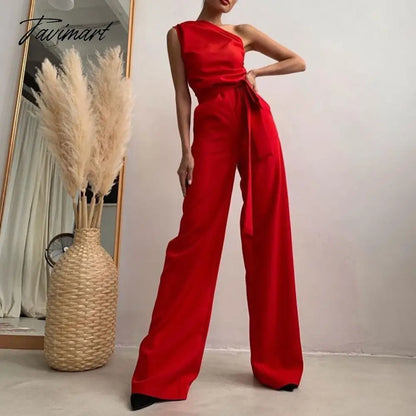 High Street Slim Solid Jumpsuits Women Sexy Skew Collar Backless Jumpsuit Spring Summer Sleeveless Lace-Up Romper
