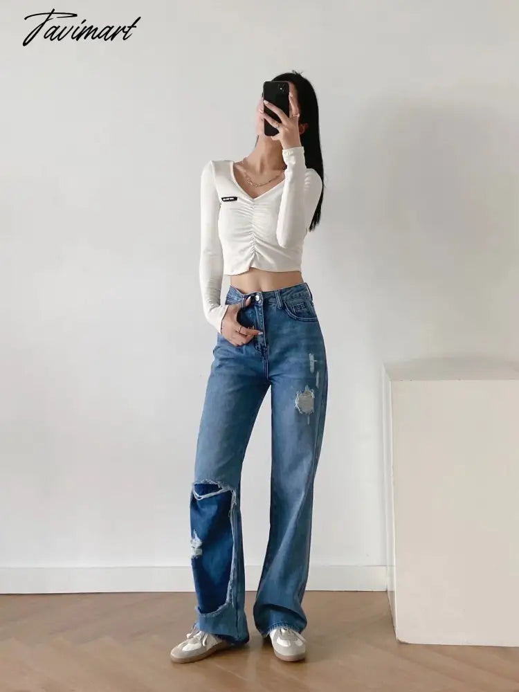 High Waist Jeans High Street Patchwork Jeans Woman Washed Mom Retro Ripped Jeans For Women Boyfriend Jeans For Women