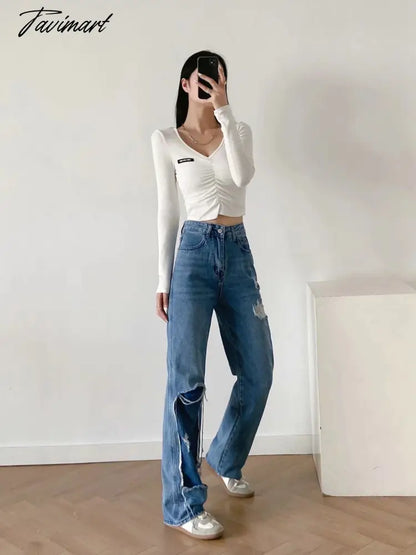 High Waist Jeans High Street Patchwork Jeans Woman Washed Mom Retro Ripped Jeans For Women Boyfriend Jeans For Women