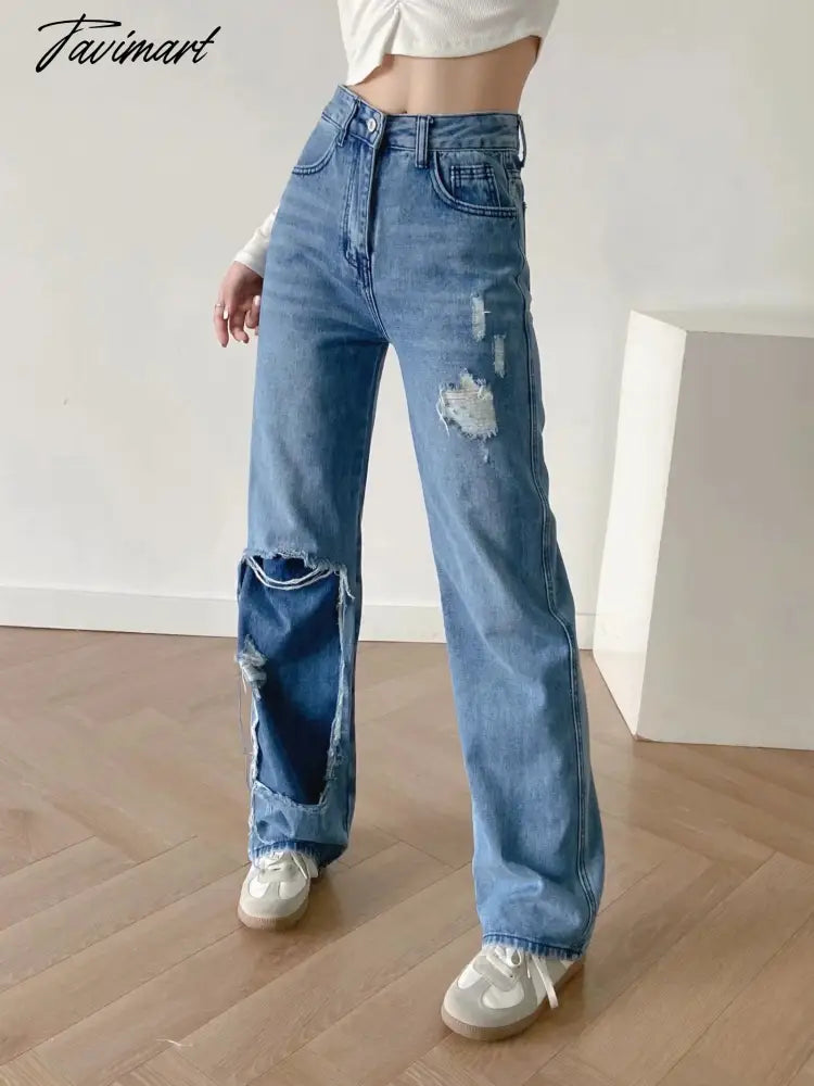 High Waist Jeans High Street Patchwork Jeans Woman Washed Mom Retro Ripped Jeans For Women Boyfriend Jeans For Women