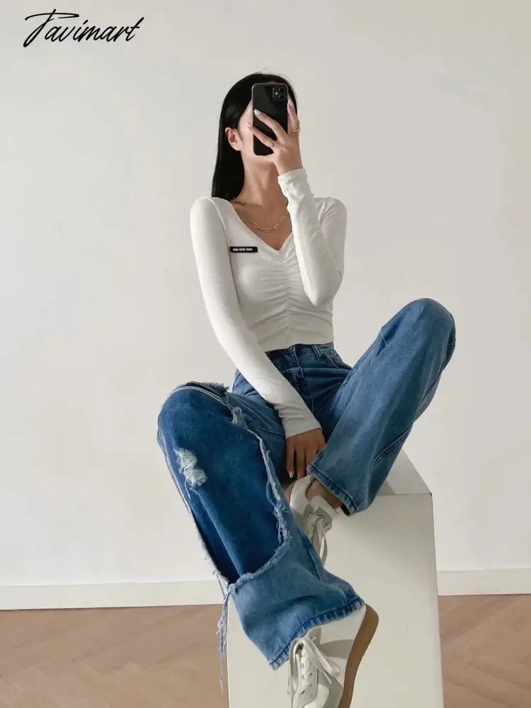 High Waist Jeans High Street Patchwork Jeans Woman Washed Mom Retro Ripped Jeans For Women Boyfriend Jeans For Women