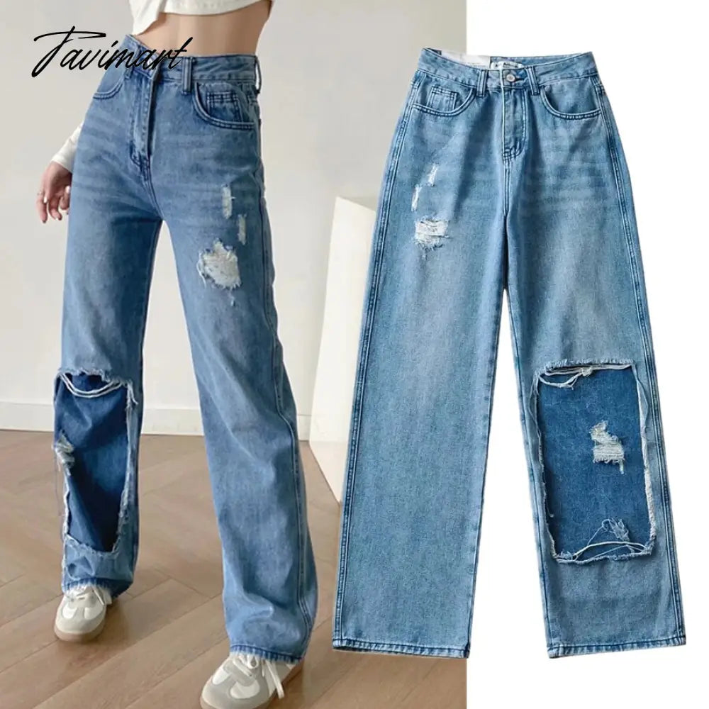 High Waist Jeans High Street Patchwork Jeans Woman Washed Mom Retro Ripped Jeans For Women Boyfriend Jeans For Women