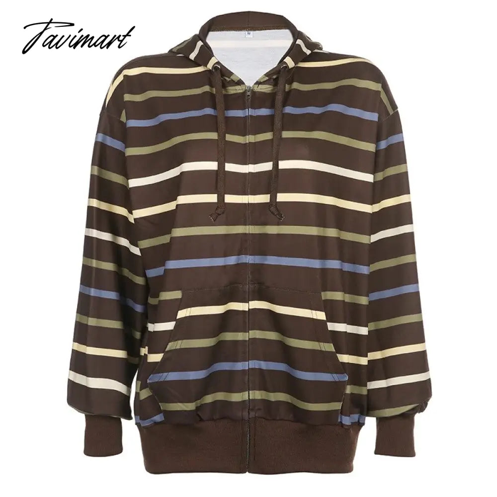 Hip Hop Zip Up Hoodie Vintage Striped Loose Hooded Sweatshirt Jacket Harajuku Gothic Long Sleeve Women Sweatshirt Y2k Clothes