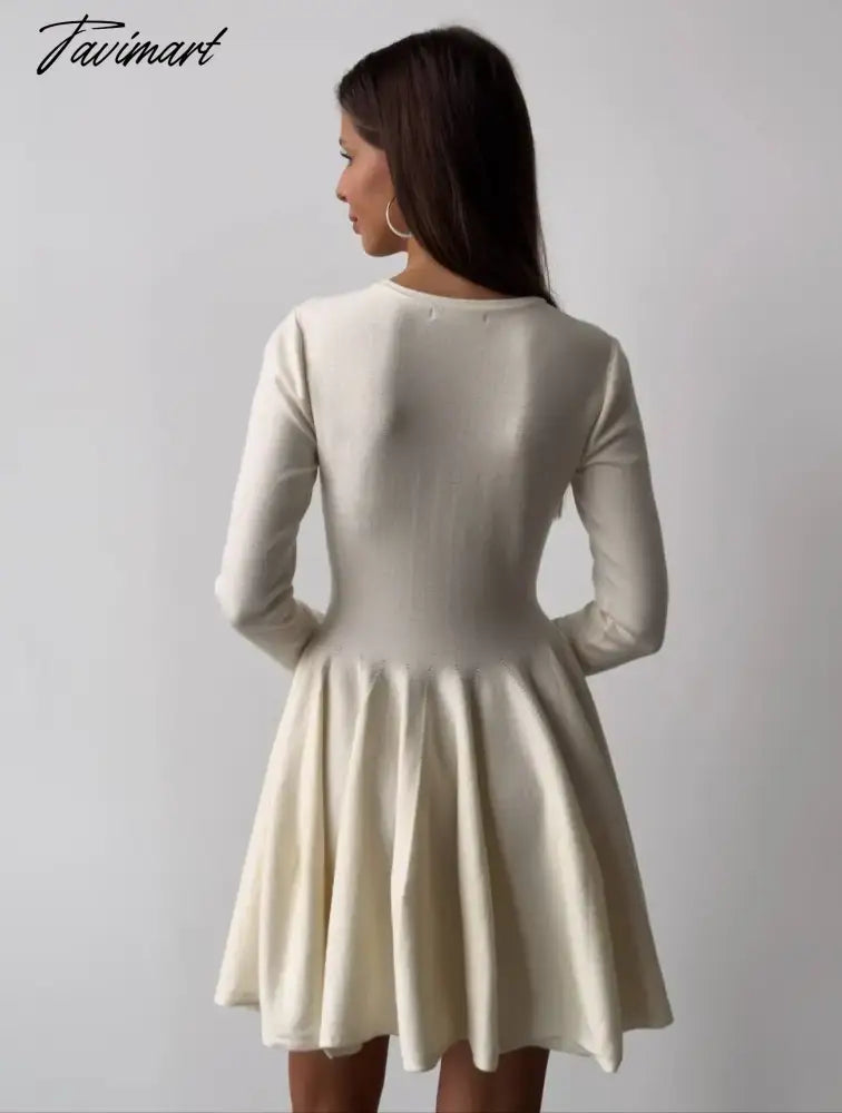 Hirsionsan Elegant Long Sleeve Mini Dress Sweater Women Winter O Neck Tight Sexy Chic Pleated Skirt Basic Female Knit Jumper