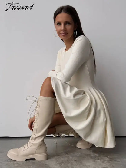 Hirsionsan Elegant Long Sleeve Mini Dress Sweater Women Winter O Neck Tight Sexy Chic Pleated Skirt Basic Female Knit Jumper