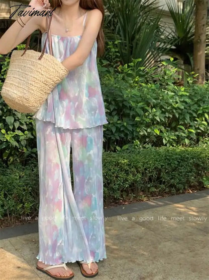 Holiday Pant Sets Printed Sleeveless Suspender Vest Women Fashion Conjuntos Cortos Loose Casual Pants Two-piece Set