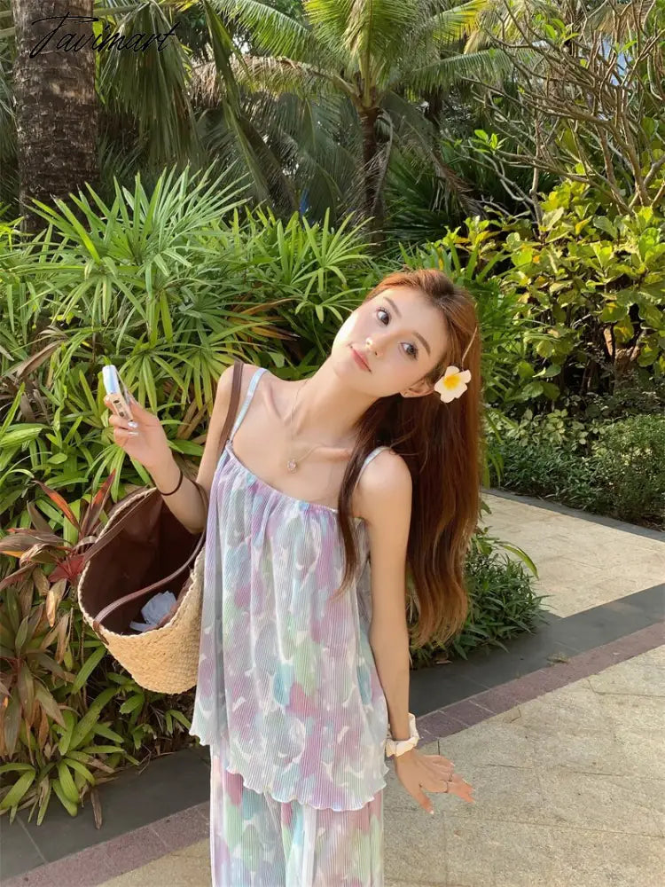 Holiday Pant Sets Printed Sleeveless Suspender Vest Women Fashion Conjuntos Cortos Loose Casual Pants Two-piece Set