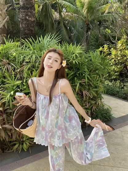 Holiday Pant Sets Printed Sleeveless Suspender Vest Women Fashion Conjuntos Cortos Loose Casual Pants Two-piece Set