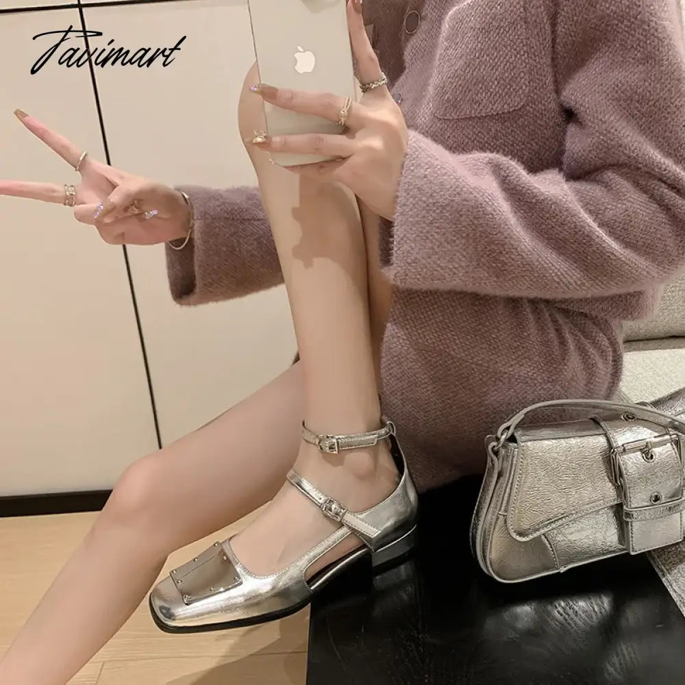 Hollow out silver Mary Jane shoes with square toe, thick heels, shallow cut, one line buckle, single shoe