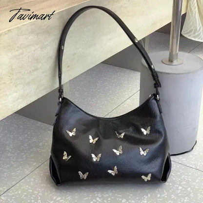 Hot Girls Cool Underarm Motorcycle Bags for Women Metal Butterfly Decoration Soft PU Leather Ladies Hand Bags