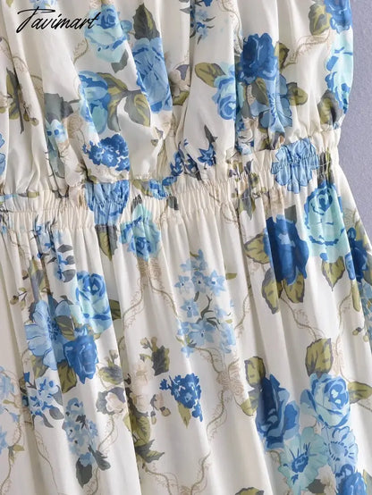 Indie Folk Bohemian Style Vintage Floral Dress Print Overlapping Backless Cotton Party Casual Maxi Dress Women