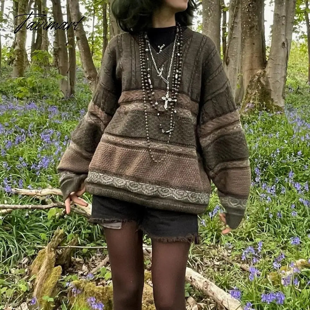 Indie Grunge Vintage Knitted Sweaters Graphic Striped Print Long Sleeve Clothes Y2K Aesthetic Retro Loose Pullovers Jumpers