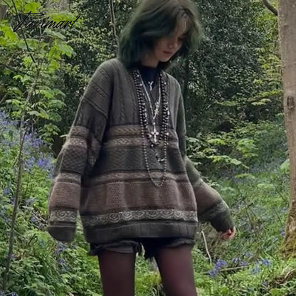 Indie Grunge Vintage Knitted Sweaters Graphic Striped Print Long Sleeve Clothes Y2K Aesthetic Retro Loose Pullovers Jumpers