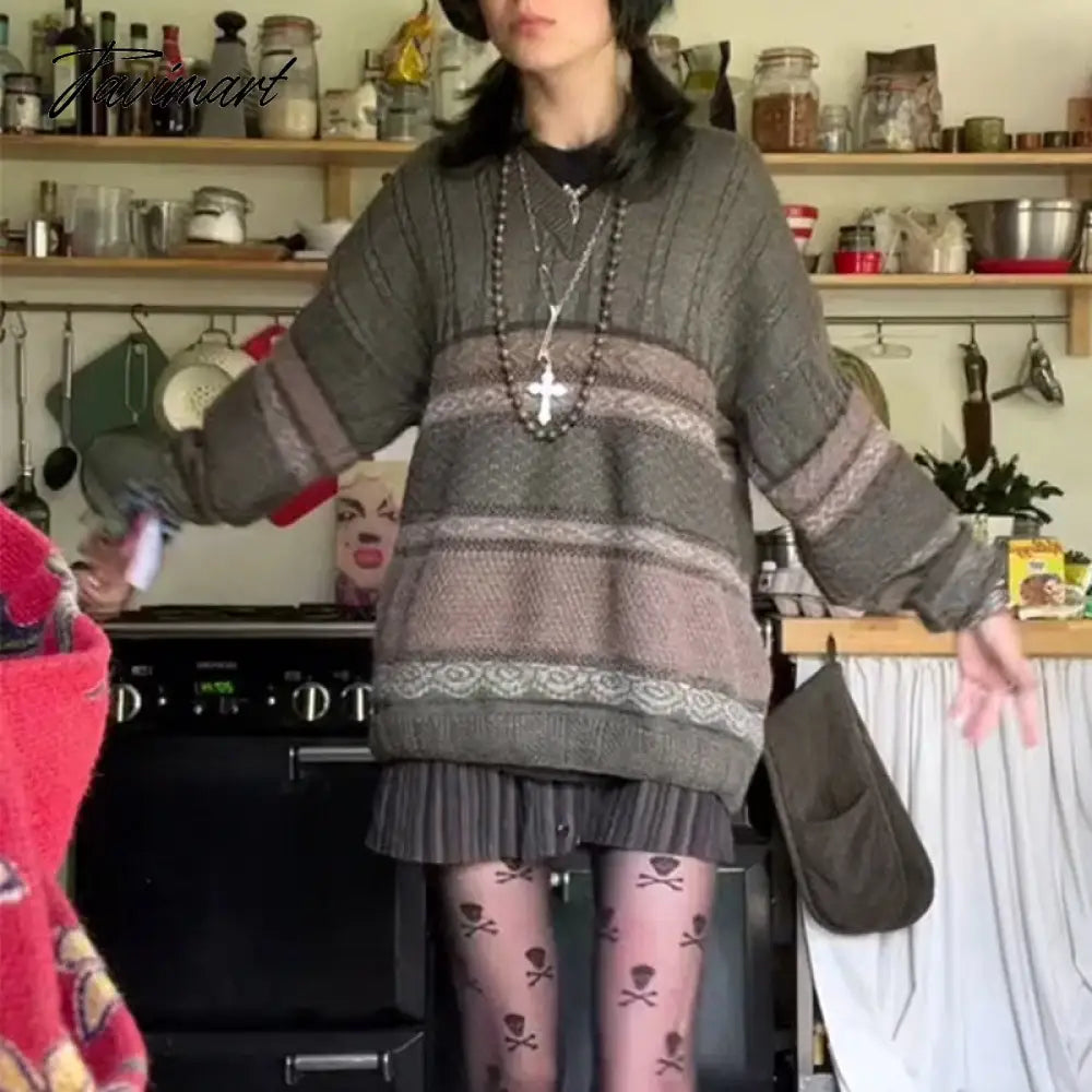 Indie Grunge Vintage Knitted Sweaters Graphic Striped Print Long Sleeve Clothes Y2K Aesthetic Retro Loose Pullovers Jumpers