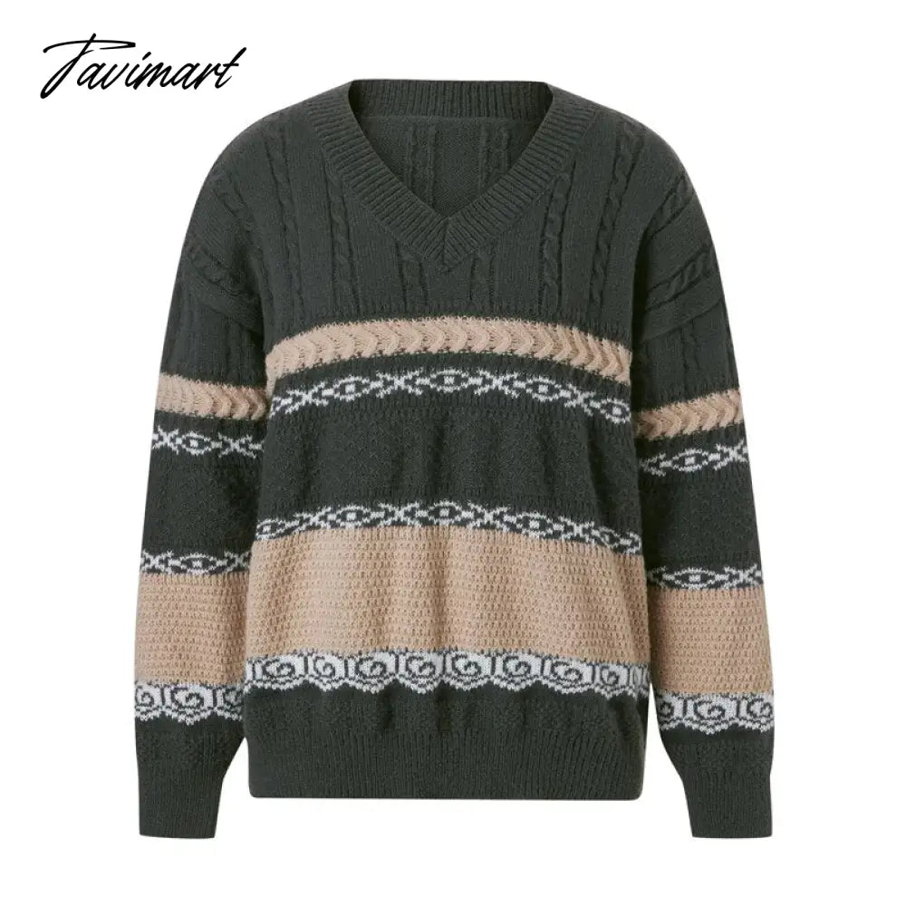 Indie Grunge Vintage Knitted Sweaters Graphic Striped Print Long Sleeve Clothes Y2K Aesthetic Retro Loose Pullovers Jumpers