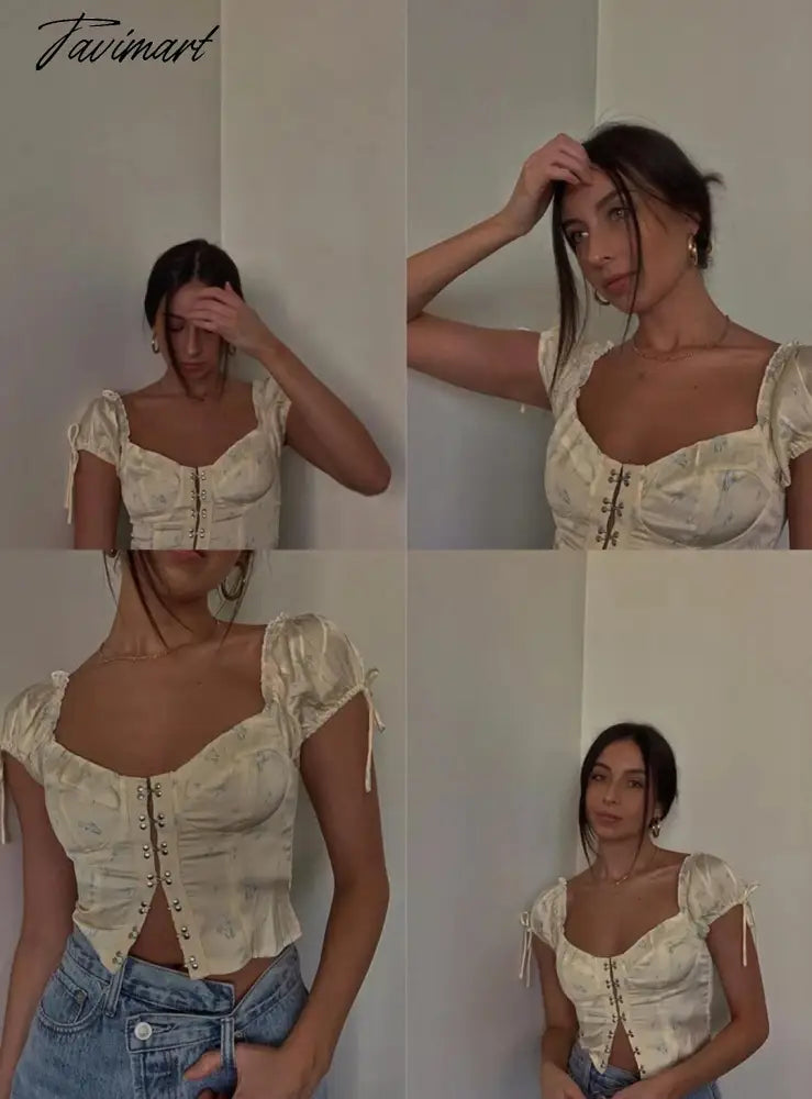 Ins Blogger Fashion High Street Concealed Buckle Sexy Retro Floral Print Shirt Sexy Short Tops Casual Tshirt Women