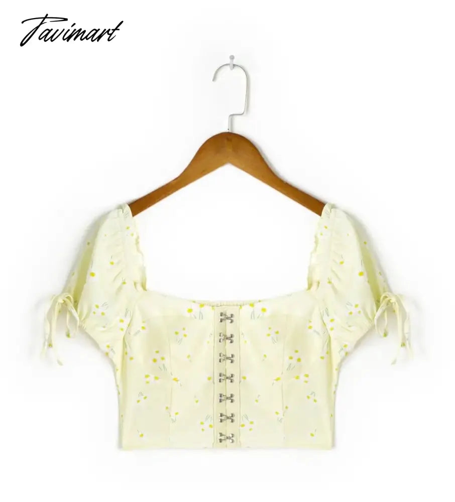 Ins Blogger Fashion High Street Concealed Buckle Sexy Retro Floral Print Shirt Sexy Short Tops Casual Tshirt Women
