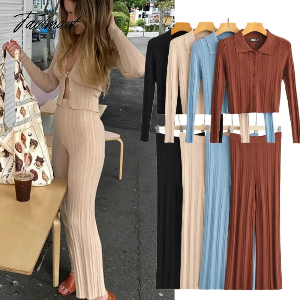Ins Fashion Blogger France Style Vintage Rib Casual Cardigans And Straight Harem Knitted Pants Women Knit Sets