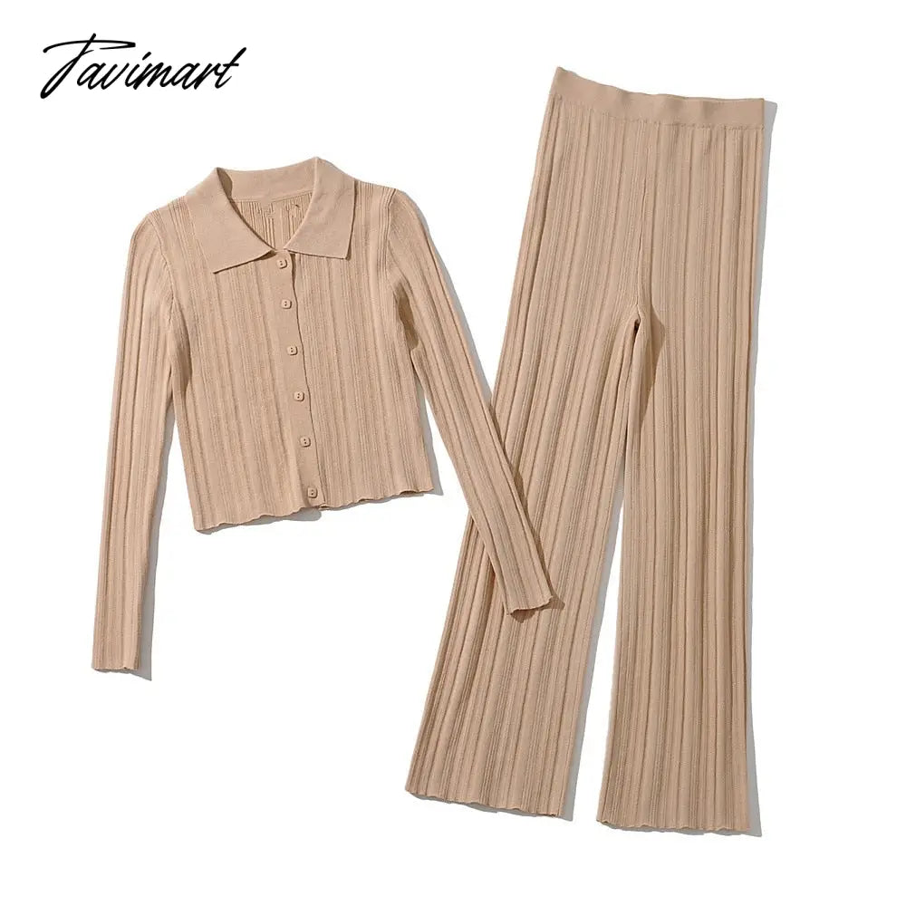 Ins Fashion Blogger France Style Vintage Rib Casual Cardigans And Straight Harem Knitted Pants Women Knit Sets