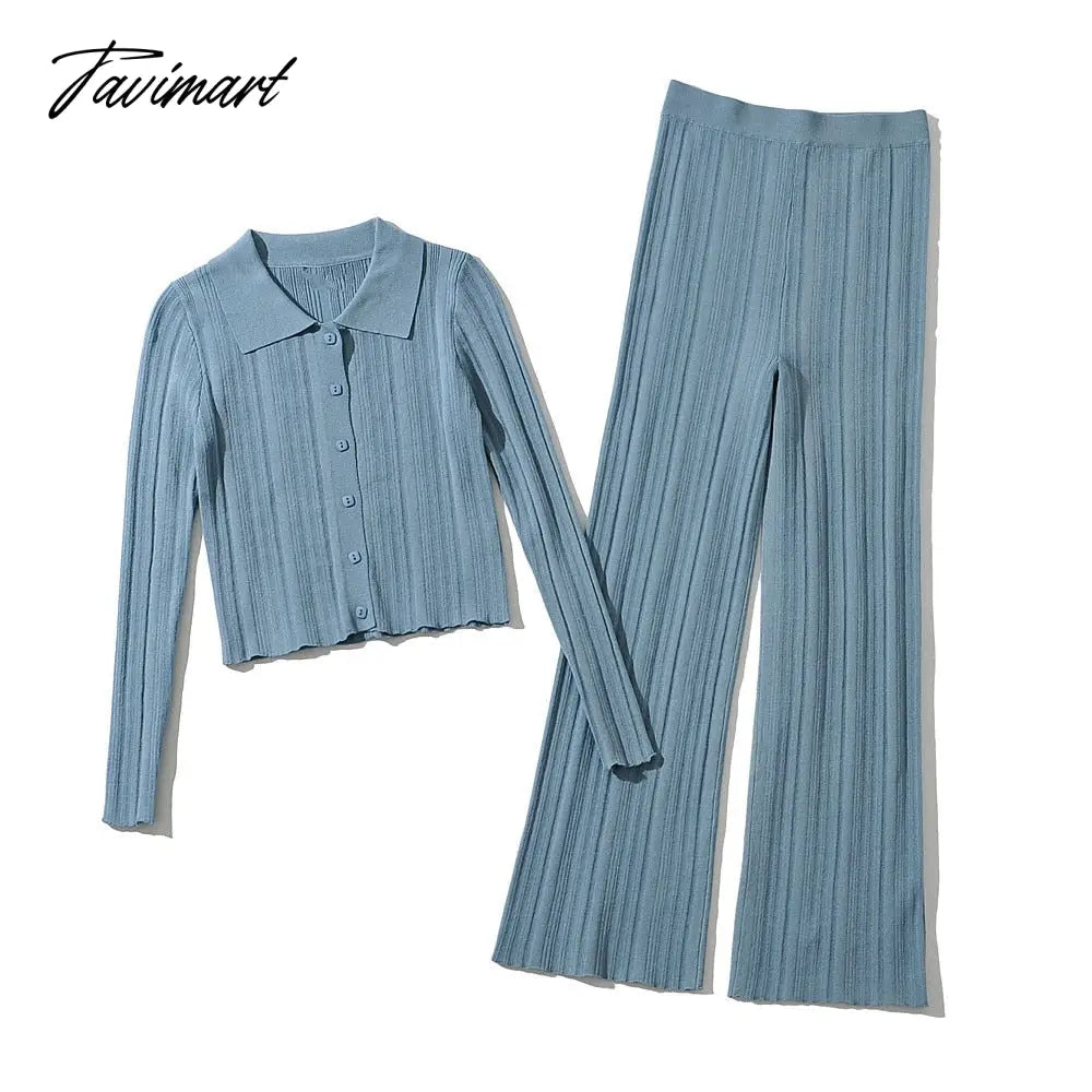 Ins Fashion Blogger France Style Vintage Rib Casual Cardigans And Straight Harem Knitted Pants Women Knit Sets