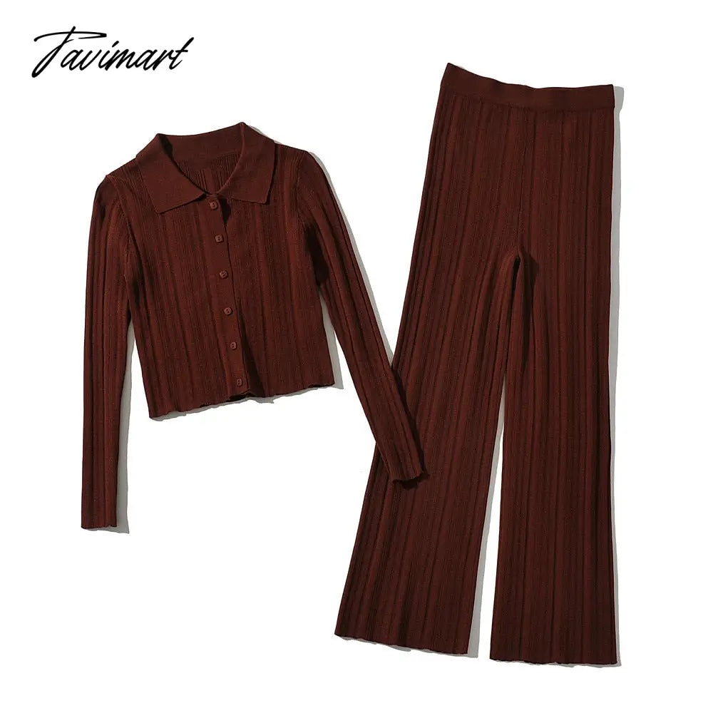 Ins Fashion Blogger France Style Vintage Rib Casual Cardigans And Straight Harem Knitted Pants Women Knit Sets