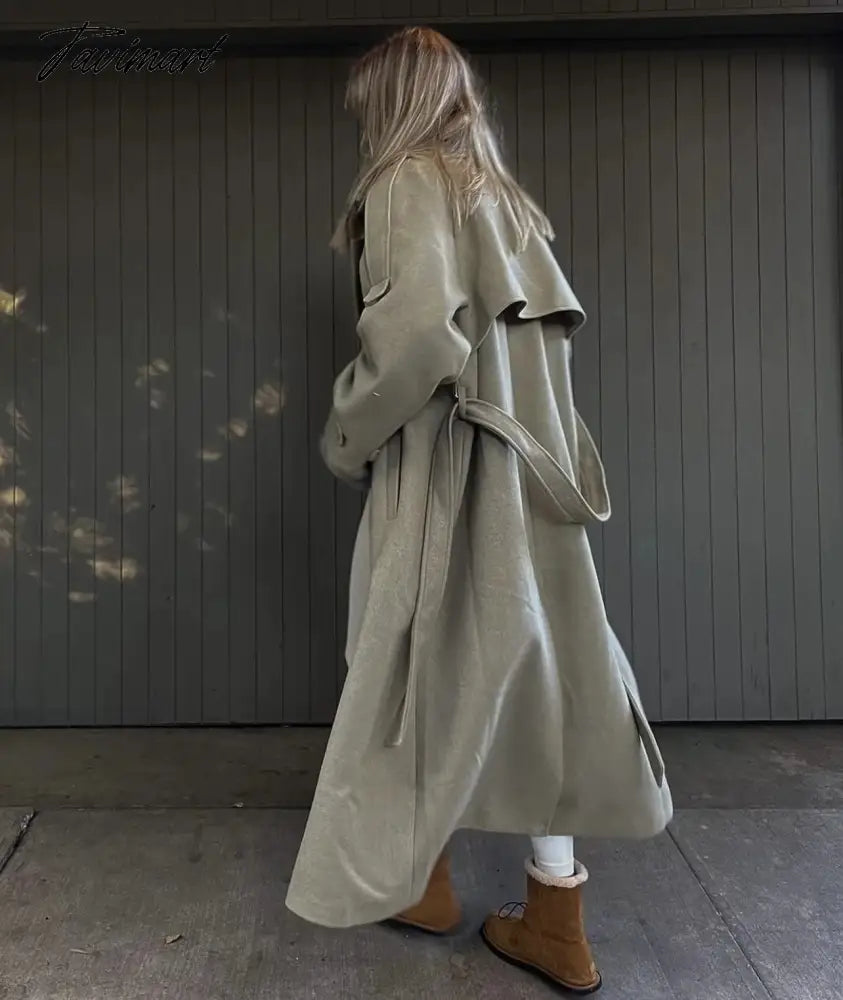 Ins Fashion Trench Coat Overcoat Women Blogger Vintage Loose Ligh Green Long Jacket