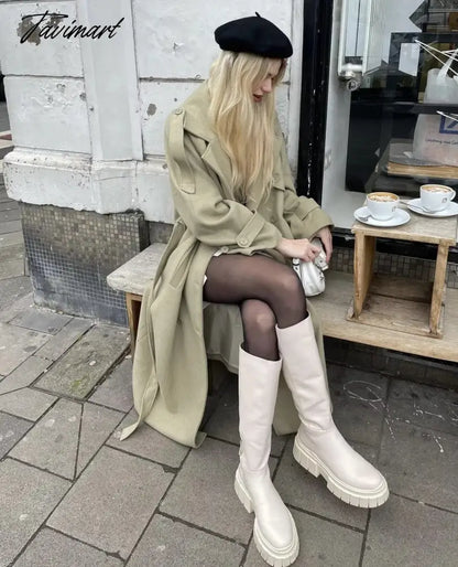 Ins Fashion Trench Coat Overcoat Women Blogger Vintage Loose Ligh Green Long Jacket