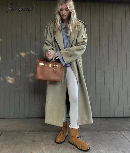 Ins Fashion Trench Coat Overcoat Women Blogger Vintage Loose Ligh Green Long Jacket
