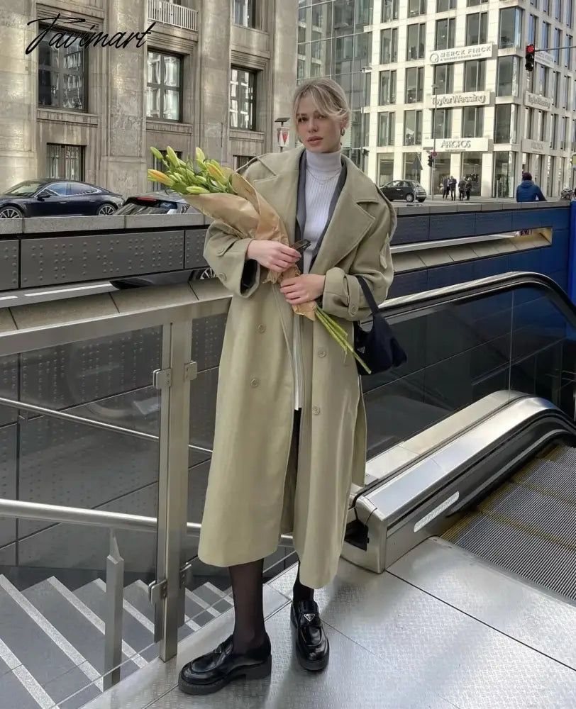 Ins Fashion Trench Coat Overcoat Women Blogger Vintage Loose Ligh Green Long Jacket